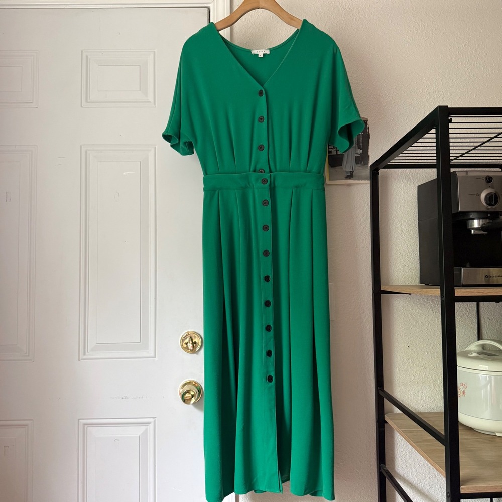 VETTA Kelly green batwing button up detachable short sleeve top skirt dress‎